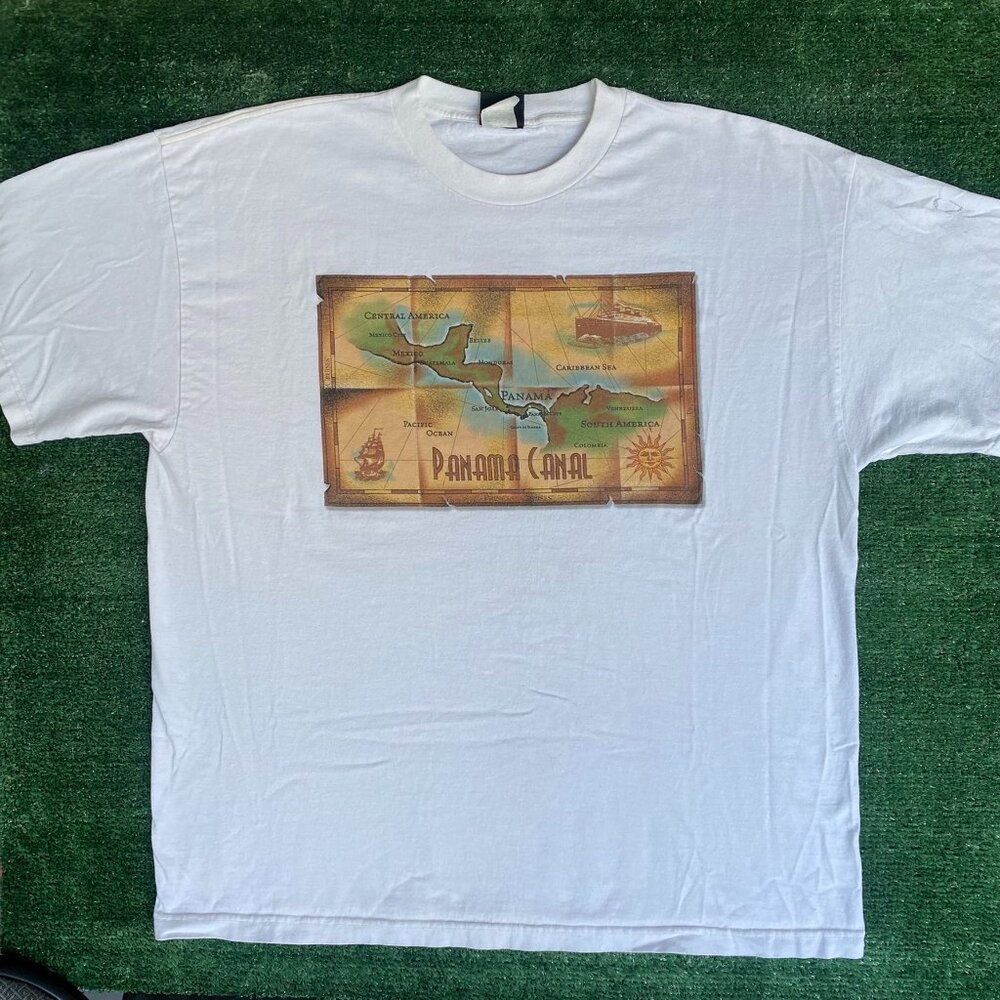 Vintage 90s Panama Canal Shirt Caribbean Tourist Map Tee